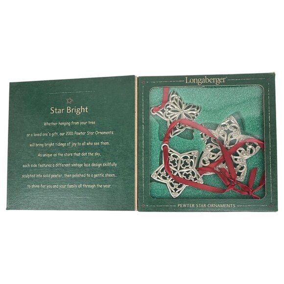 Longaberger Other - New 2001 Longaberger Pewter Star Ornament Set Of 3 Red Ribbon In Original Box